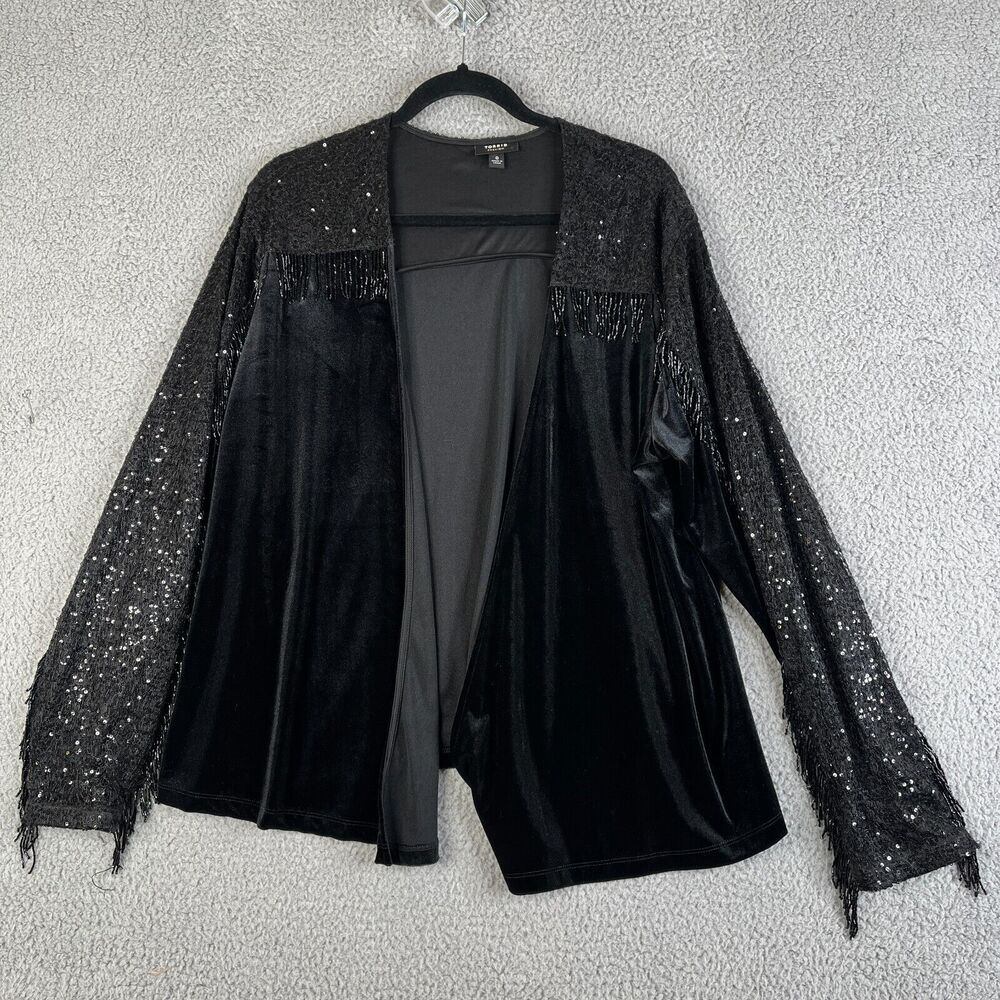 TORRID Cardigan Sweater Womens 0 Black L Open Front Sequins Beaded Fringe Velvet